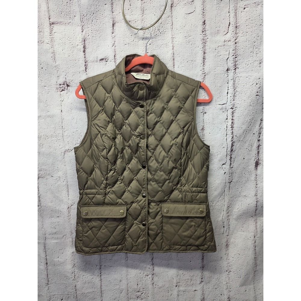 Eddie‎ Bauer Vest Womens Medium Brown Goose Down Quilted Puffer Bubble Snap